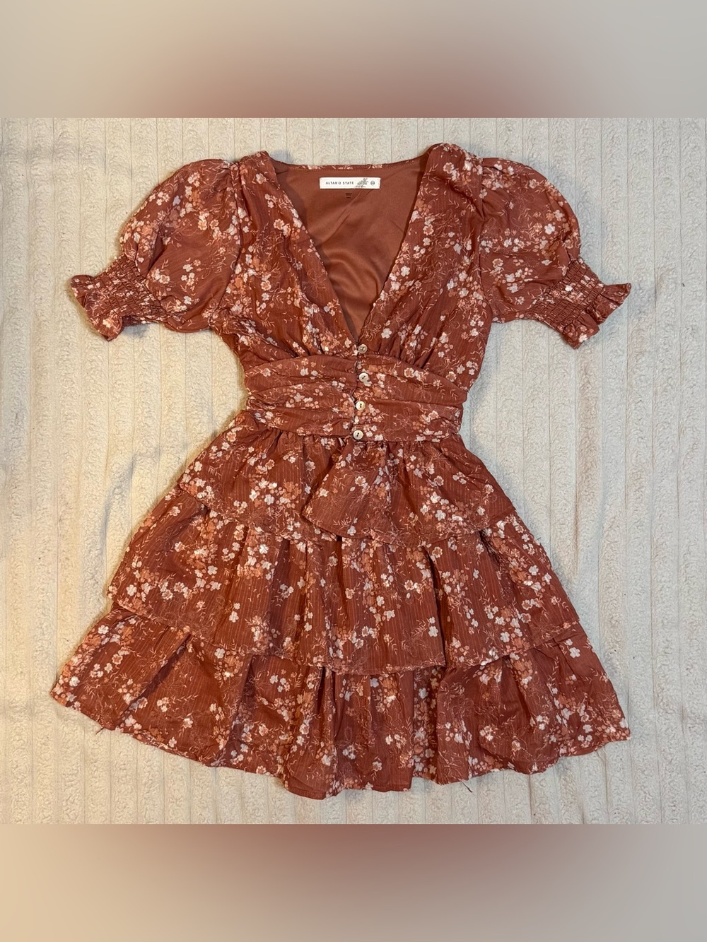 Altar’d State Women’s Boho Rust Floral Tiered Mini Dress With Puff Sleeves